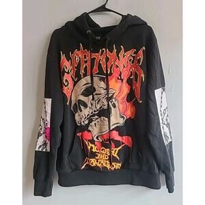 Men's medium GFTD Los Angeles black hoodie sweatshirt skull fire chain patch
